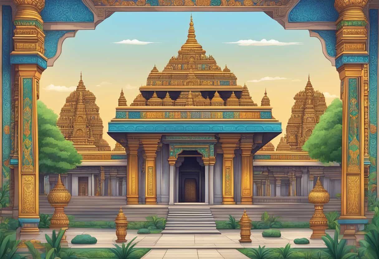 A sacred Hindu temple with a central shrine and surrounding courtyard, adorned with intricate carvings and colorful decorations