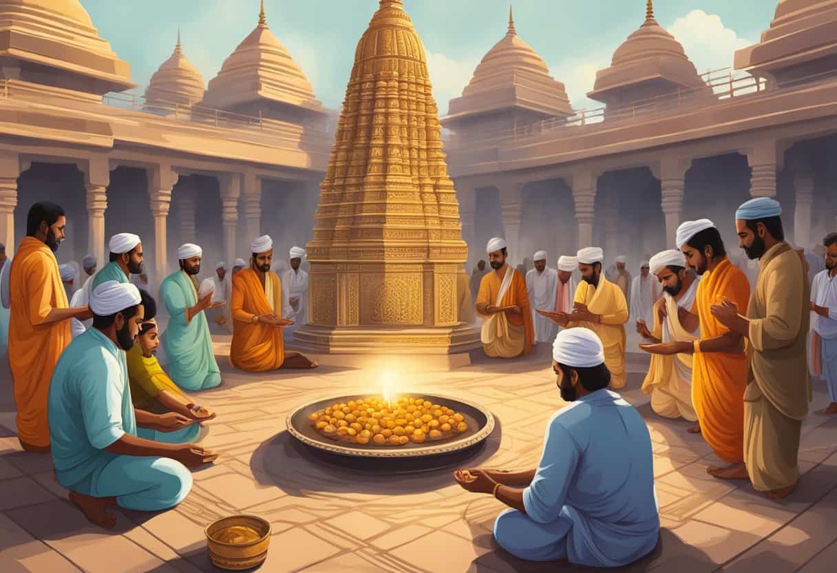 A group of worshippers performing Hindu rituals and practices at a Kurma temple