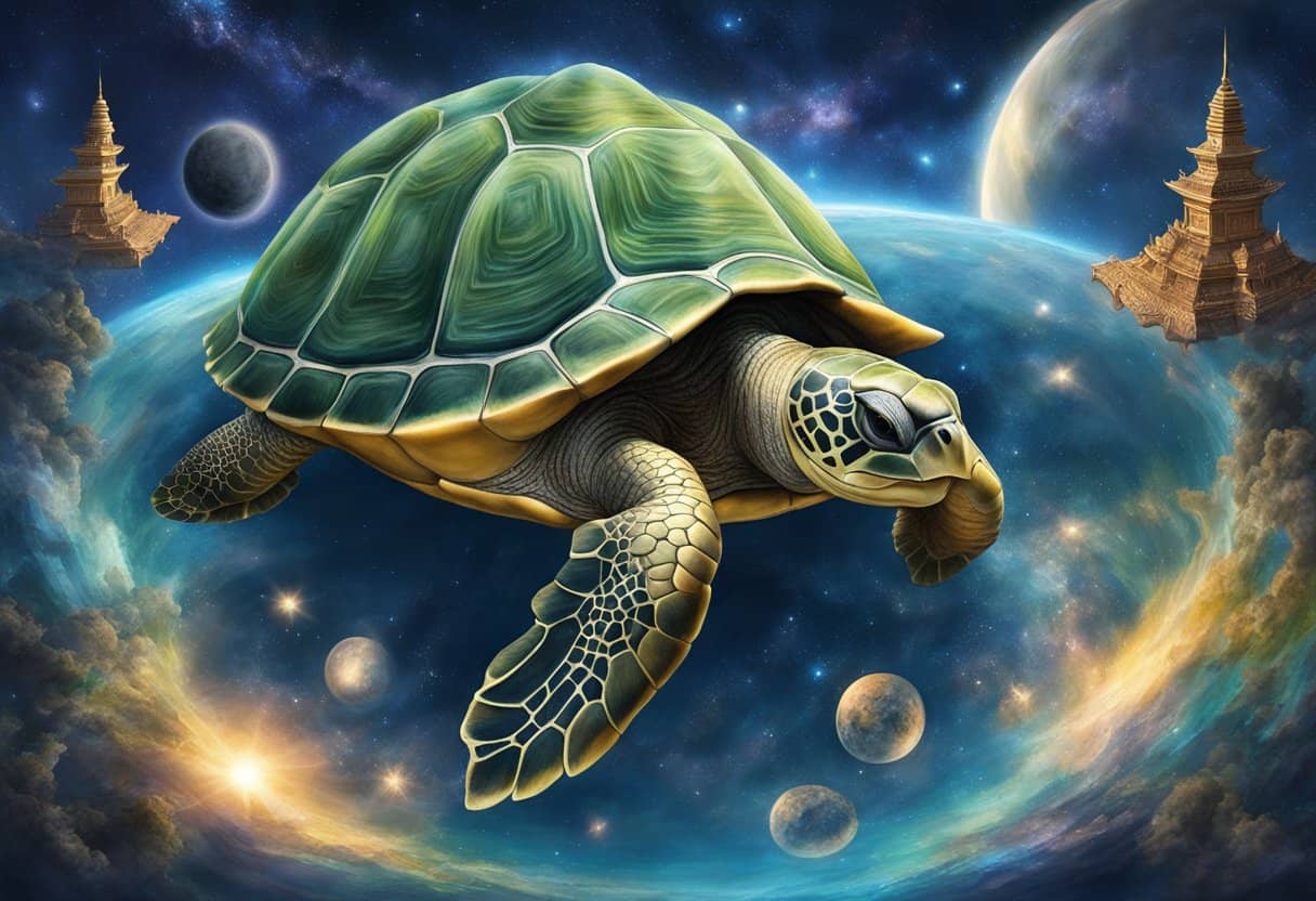 A giant turtle, Kurma, supports the world on its back, surrounded by deities and celestial beings in a cosmic setting