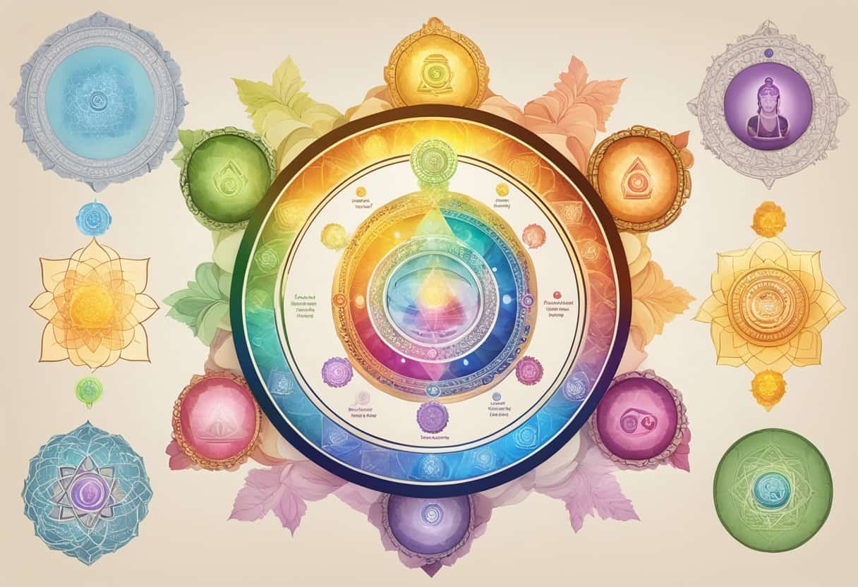 Seven colorful chakras with corresponding bija mantras floating above them