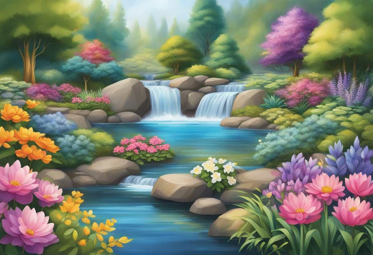 A garden with vibrant flowers and flowing water, surrounded by peaceful nature sounds, captures the essence of the Bija Mantras' calming and healing benefits