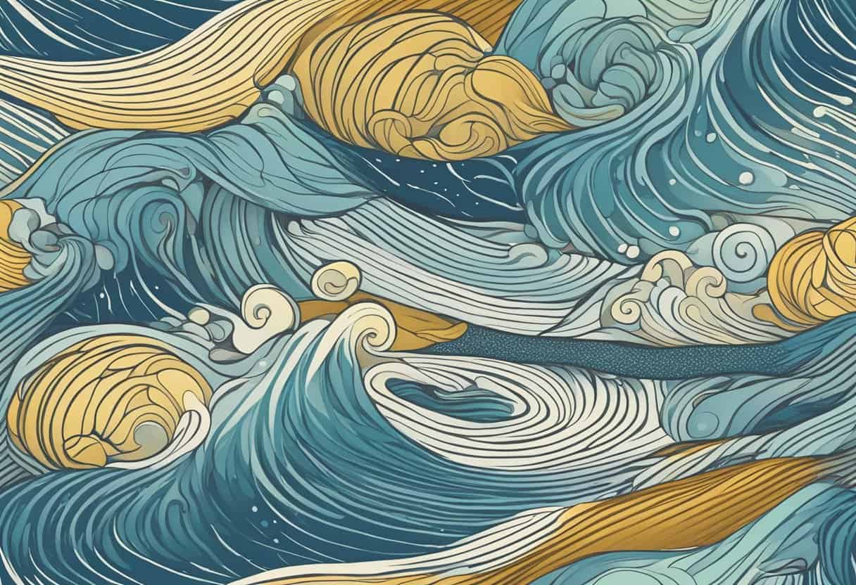 Five types of vrittis: waves, whirlpools, scatters, gathering, and stillness. Each depicted as swirling, spiraling, dispersing, converging, and tranquil patterns