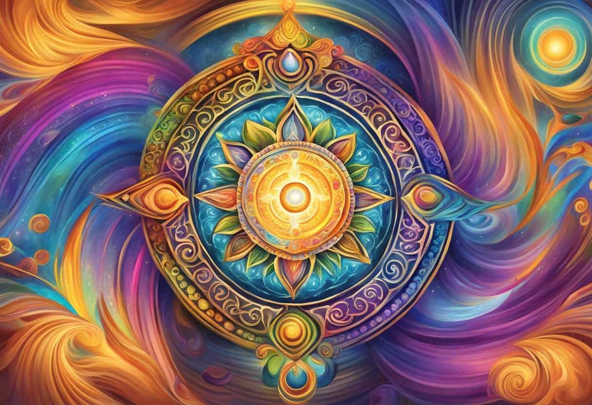 Vibrant colors swirl around sacred symbols, radiating energy and peace