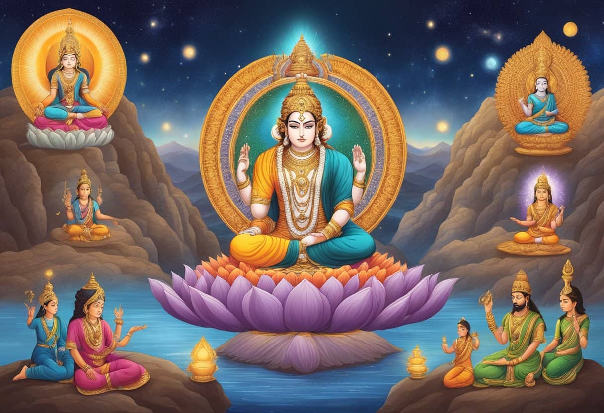 Various entities and deities associated with the Bija mantras in a cosmic setting