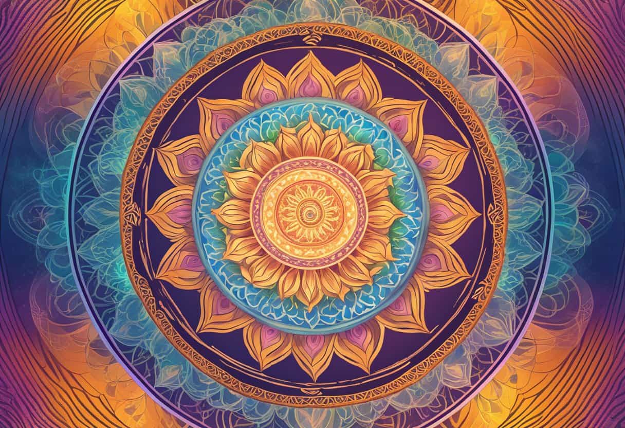 A glowing, circular mandala with Sanskrit bija mantras radiating vibrant energy in all directions