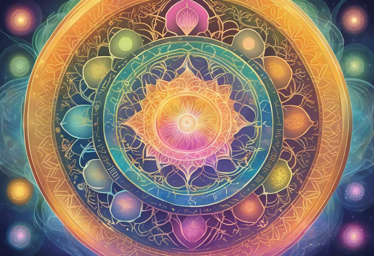Colorful, circular bija mantras floating in a serene, meditative space. Each mantra is surrounded by a gentle, glowing aura, creating a peaceful and harmonious atmosphere