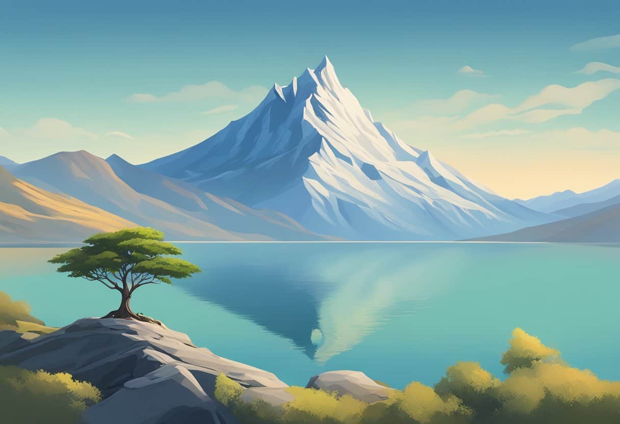 A serene mountain peak with a lone tree, surrounded by calm waters and a clear sky, evoking a sense of tranquility and detachment