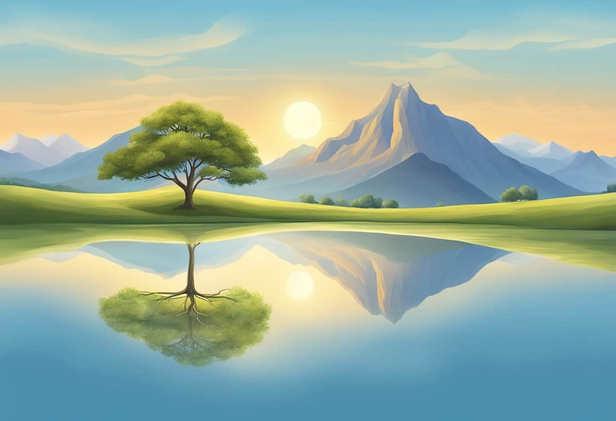 A serene landscape with a lone tree, mountains, and a clear blue sky, depicting the fundamental principles of yoga through the concept of asanas