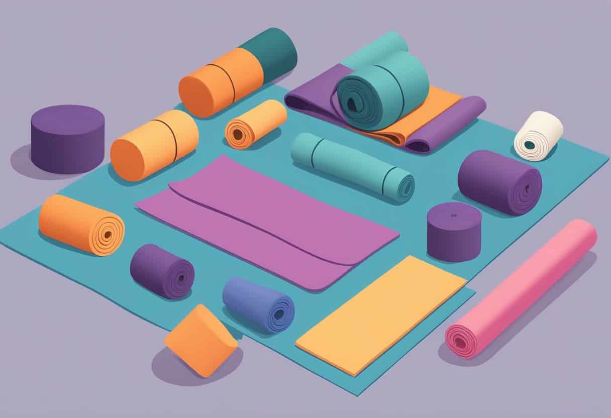 A yoga mat with various asanas illustrated on it, surrounded by scattered props like blocks, straps, and bolsters