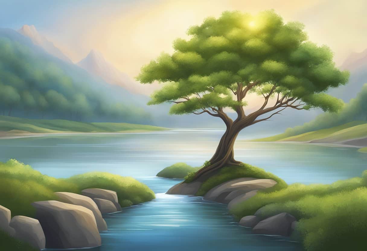 A serene landscape with a solitary tree and a flowing river, symbolizing the ancient origins and spiritual essence of yoga asanas