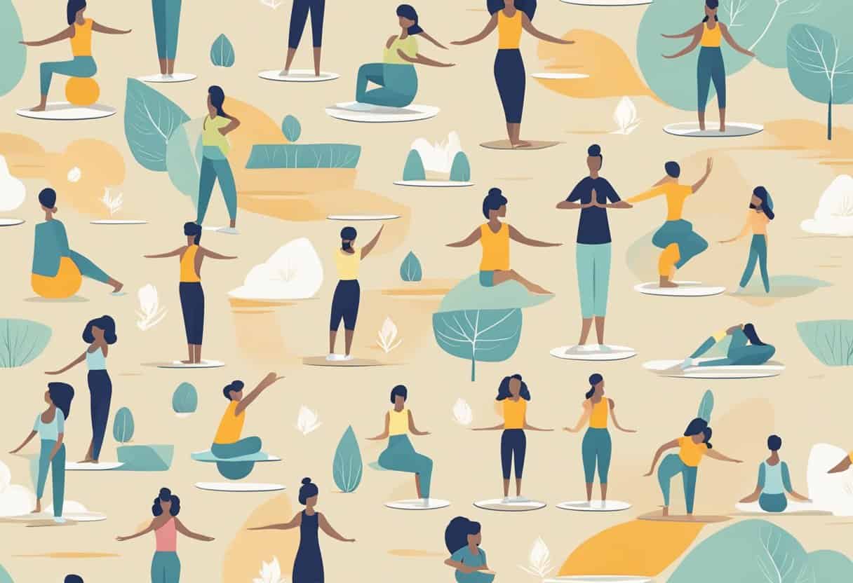 A person seamlessly integrates yoga poses into daily activities, such as sitting, standing, and walking