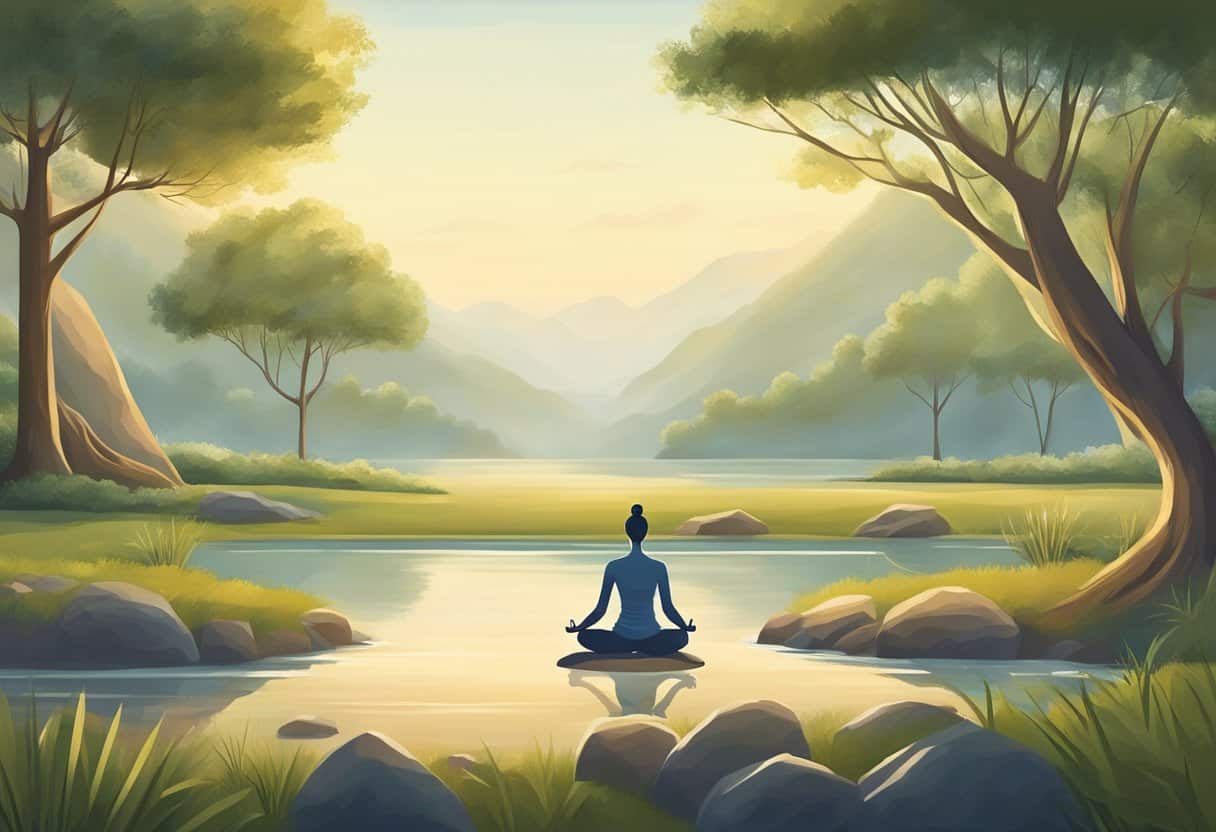 A serene landscape with various yoga poses (asanas) displayed in a calming and natural setting