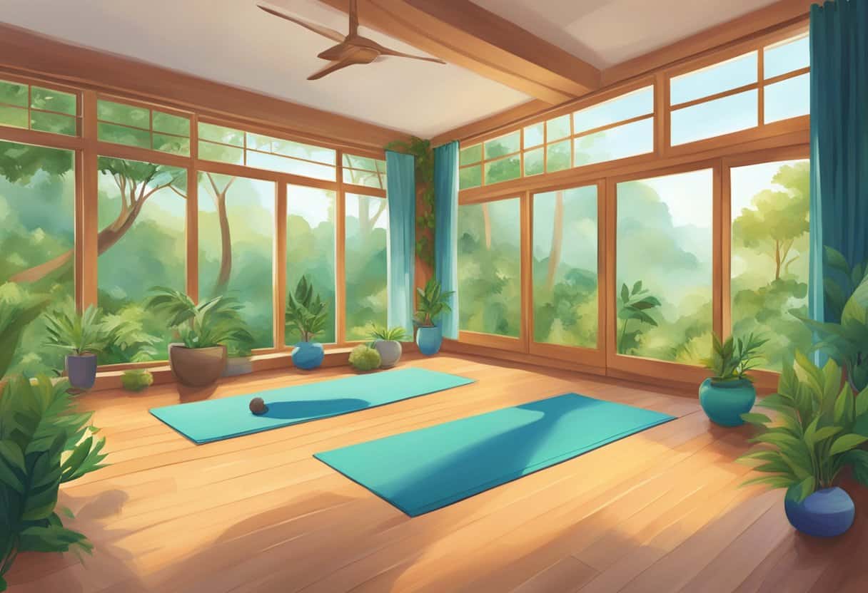 A serene yoga studio with various asanas depicted in vibrant colors, surrounded by lush greenery and calming natural elements
