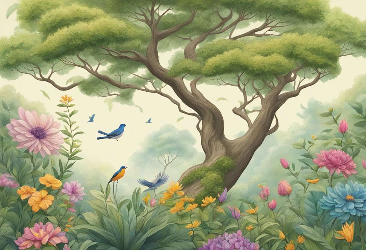 A serene garden with various yoga poses depicted through nature: a tree stretching upward, a flower blooming, and a bird in flight