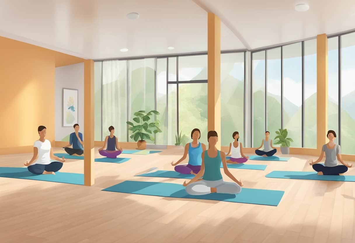 A serene yoga studio with various yoga poses (asanas) being practiced in a harmonious and integrated manner