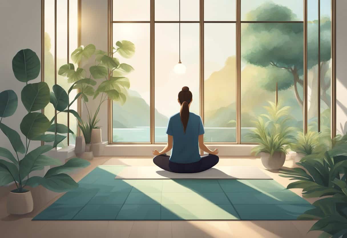 A serene room with minimalistic decor, soft natural light filtering in, a person sitting in meditation, surrounded by tranquil elements of nature