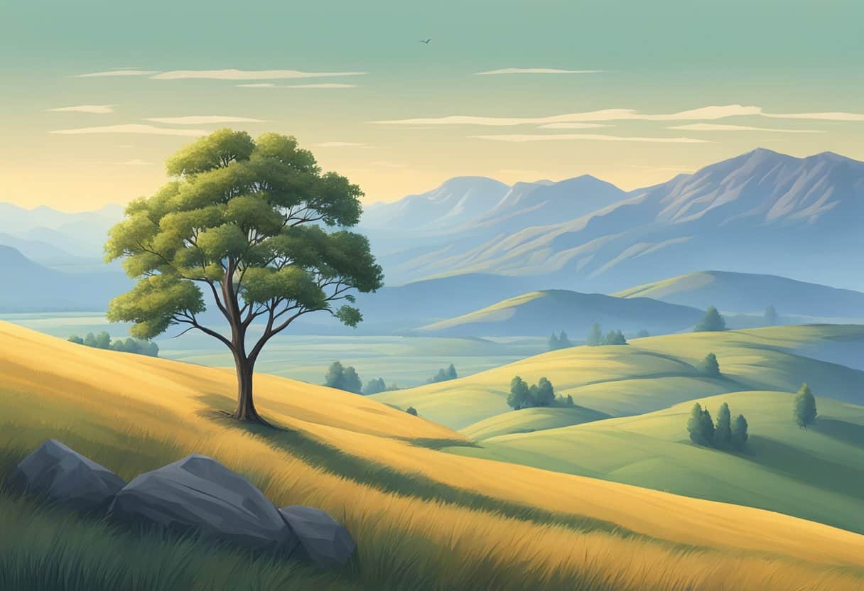 A lone tree stands amidst a serene landscape, with mountains in the distance and a calm, clear sky above