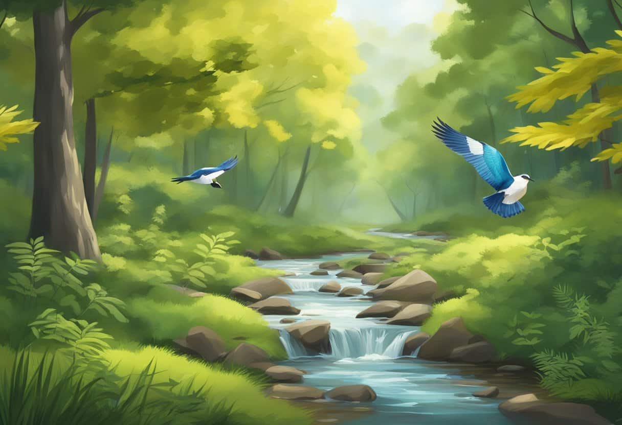 A serene forest with a gentle stream, birds chirping, and leaves rustling in the wind