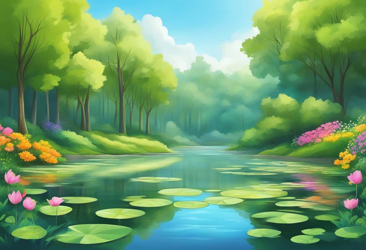 A serene forest with a tranquil pond surrounded by lush greenery and colorful flowers, with gentle ripples on the water's surface