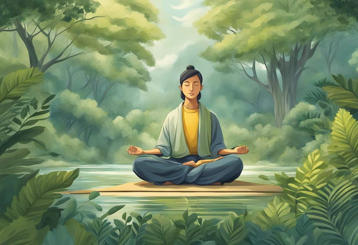 A serene meditator surrounded by nature, withdrawing senses inward