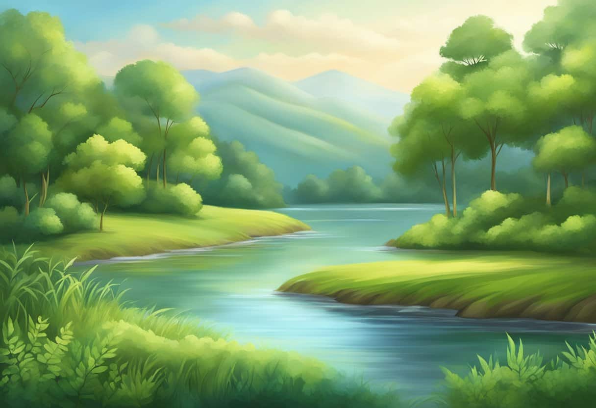 A serene landscape with a calm and tranquil atmosphere, featuring elements of nature such as flowing water, lush greenery, and gentle breeze