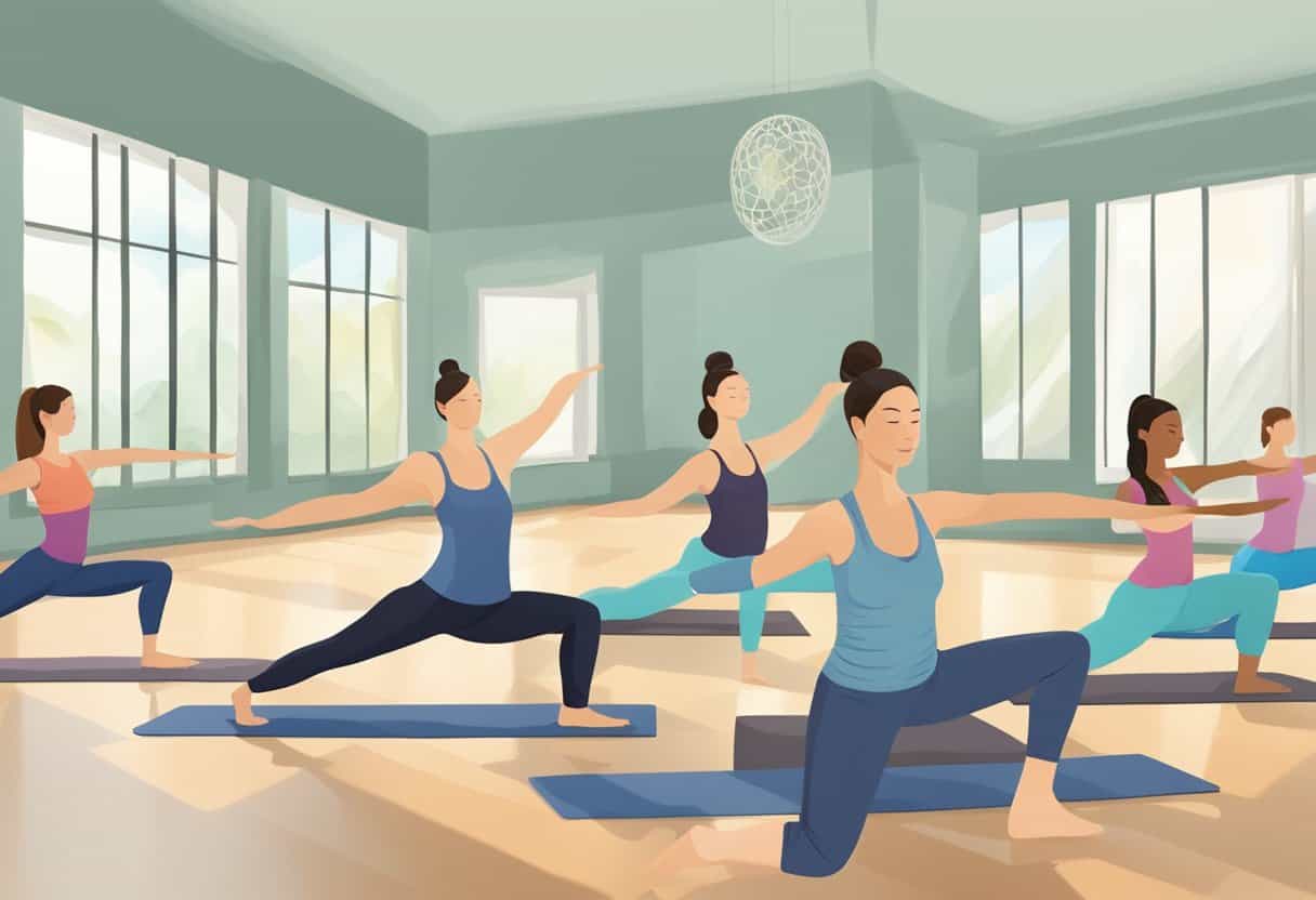 A serene yoga studio with a flowing sequence of poses, illustrating the difference between Vinyasa and Hatha yoga through fluid movements and controlled breathing