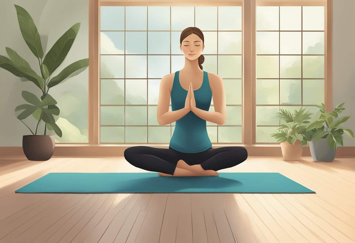 A serene yoga studio with a peaceful ambiance, featuring a flowing vinyasa sequence on one side and a static hatha pose on the other