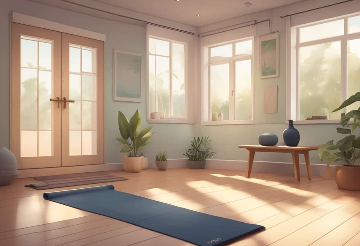 A serene studio with two yoga mats, one for vinyasa and one for hatha. Soft lighting and calming music create a peaceful atmosphere for practice