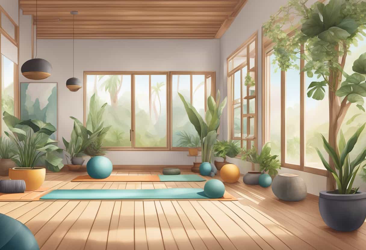 A serene yoga studio with two distinct sections for vinyasa and hatha yoga, each with its own unique decor and props