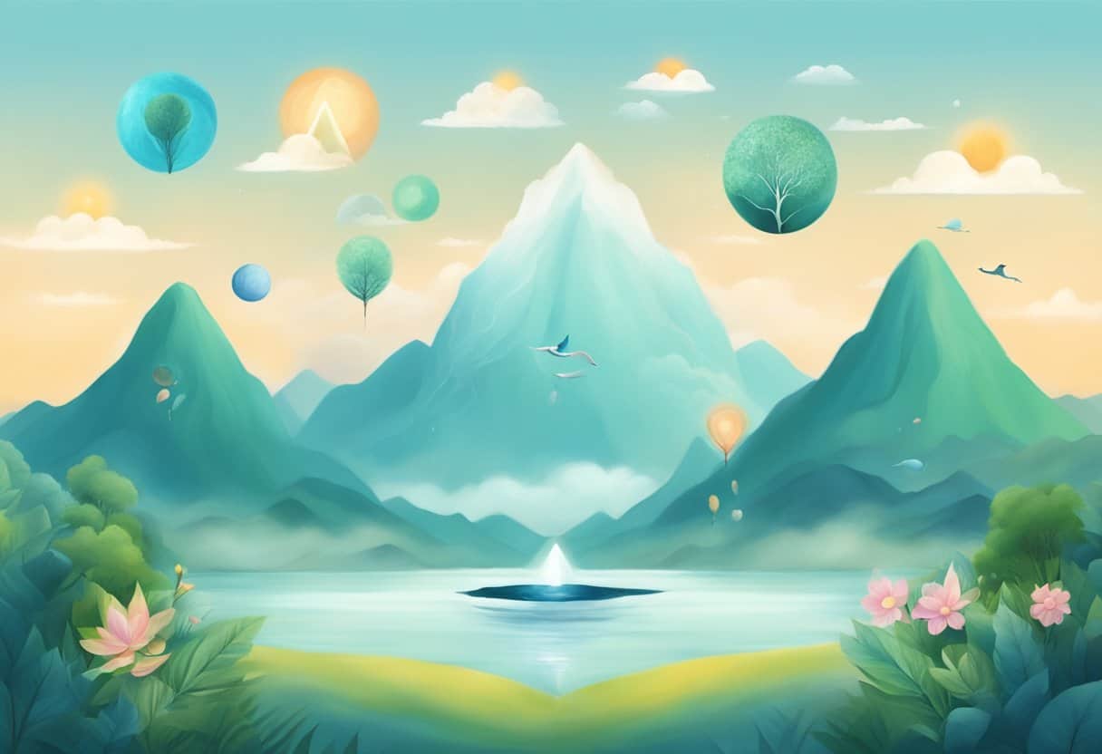 A serene landscape with various types of pranayama symbols floating in the air, surrounded by peaceful nature elements