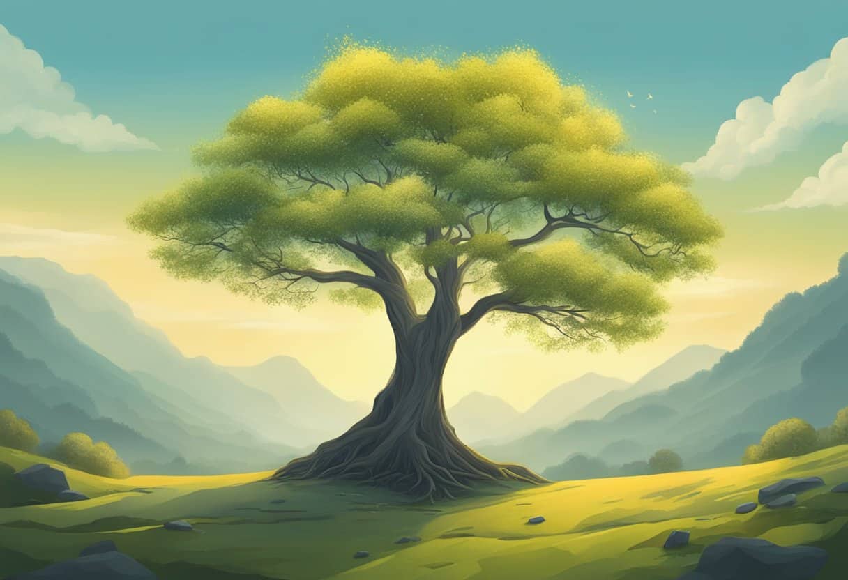 A serene landscape with a lone tree, shedding its leaves, symbolizing detachment and the concept of vairagya