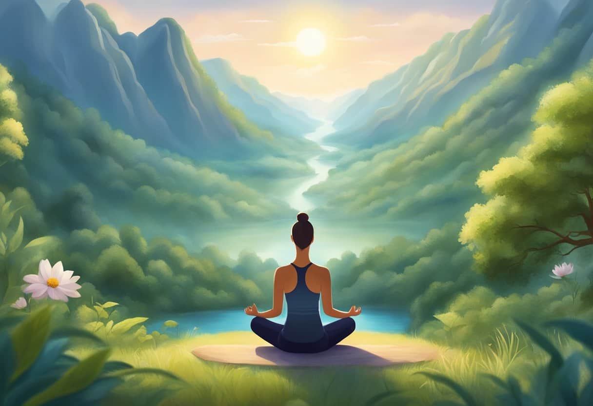 A serene landscape with a person practicing pranayama, surrounded by nature and a calm atmosphere. The focus is on the breath and the connection between mind and body