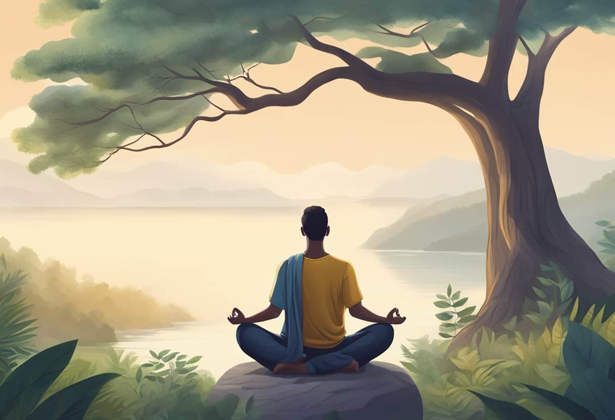 A serene setting with a person in a seated position, surrounded by nature, practicing various pranayama techniques with focused breathing and calm expression