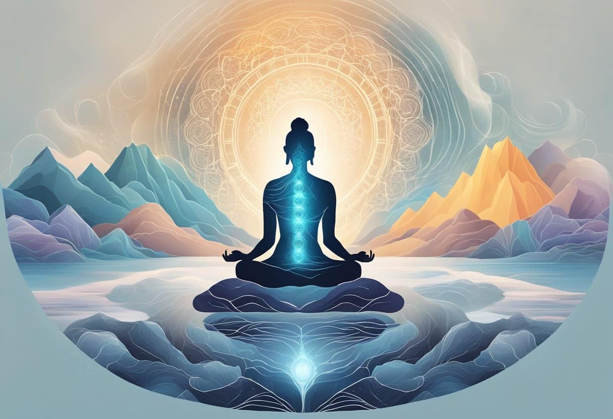 A serene landscape with a person in a meditative posture, surrounded by flowing energy and symbols representing different types of pranayama