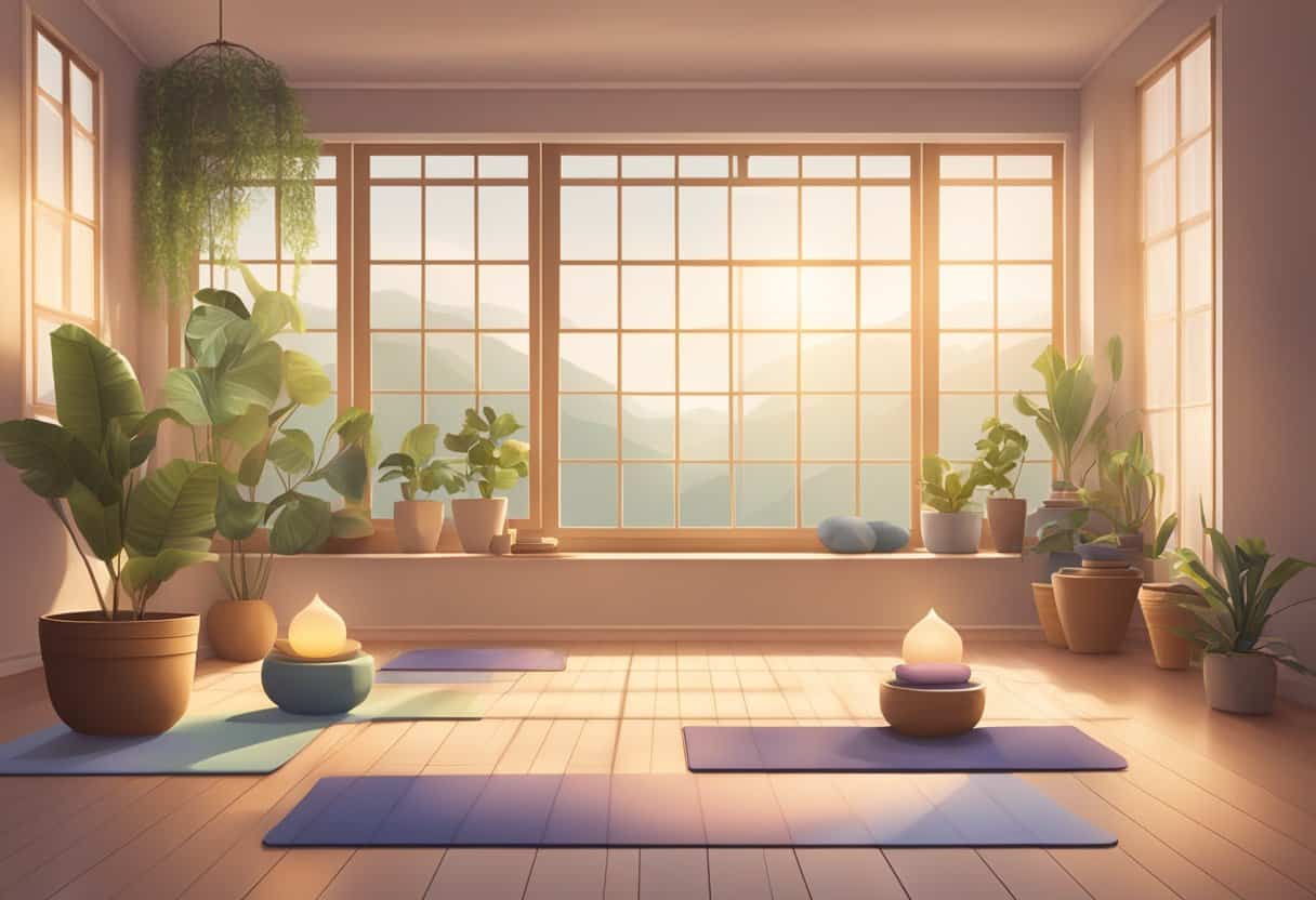 A serene yoga studio with soft lighting, a peaceful atmosphere, and various props for pranayama practice