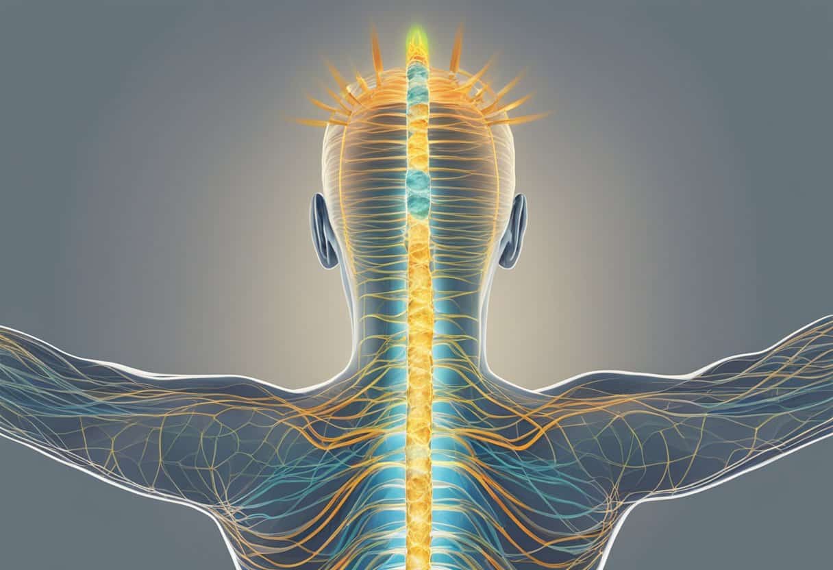 A straight, vertical line representing Sushumna, the central energy channel, running through the center of the body, connecting the base of the spine to the crown of the head