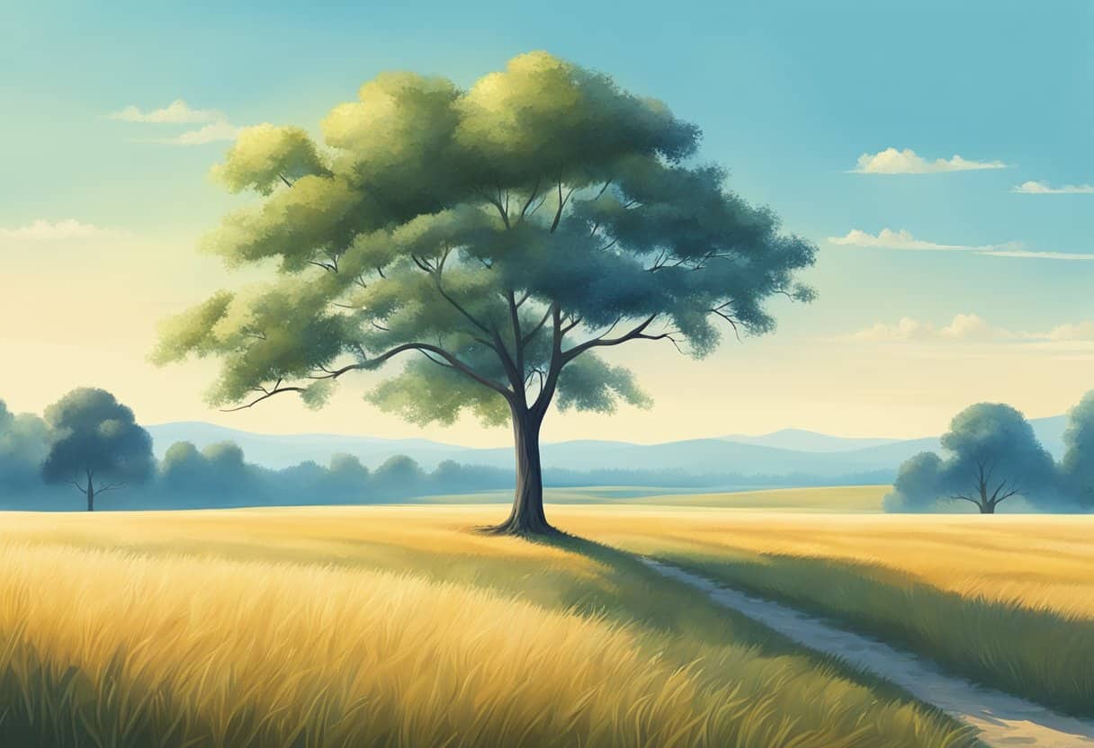 A serene landscape with a lone tree standing tall amidst a vast open field, with a clear blue sky and a sense of tranquility in the air