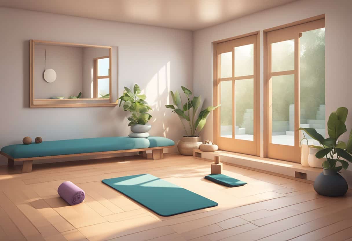 A serene yoga studio with soft lighting, a wooden floor, and a large mirror. A yoga mat is laid out in the center, with props such as blocks and straps nearby