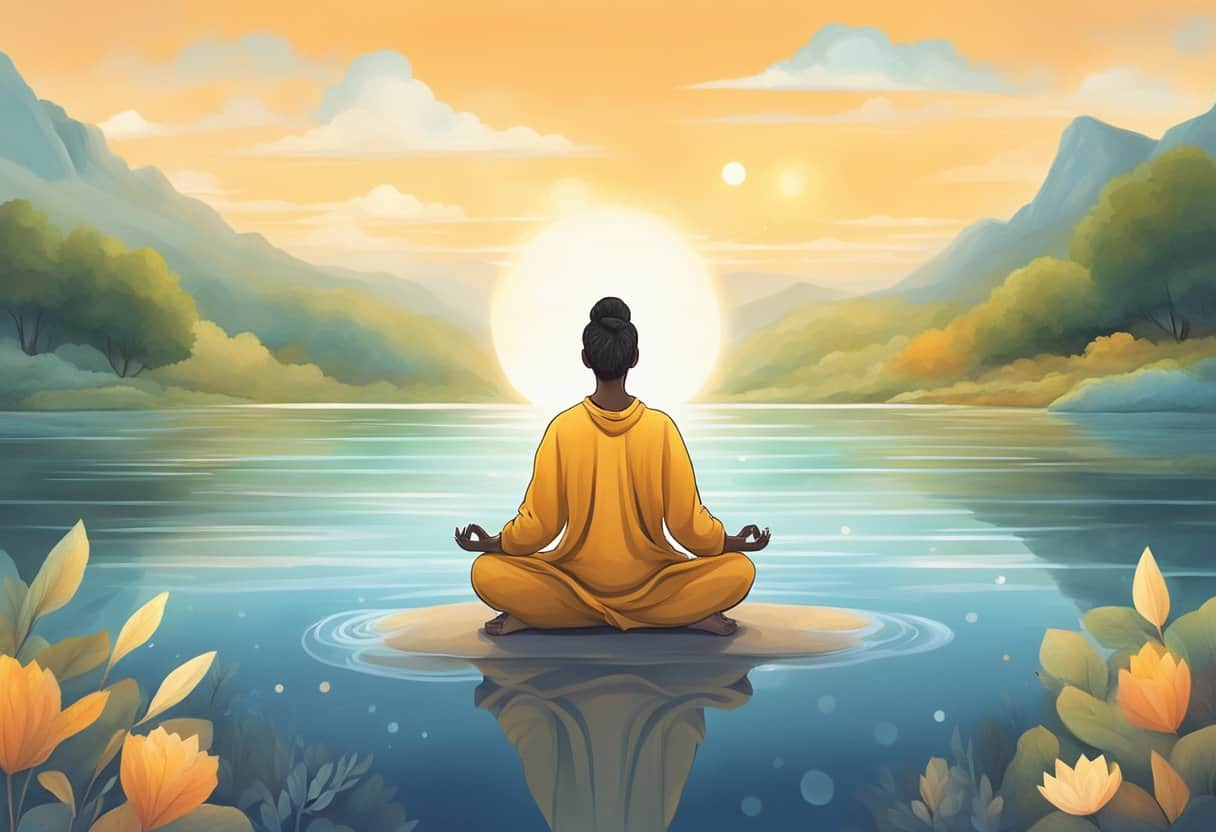 A serene mountain landscape with a flowing river, lush greenery, and a clear blue sky, representing the principles of yama and niyama in yoga