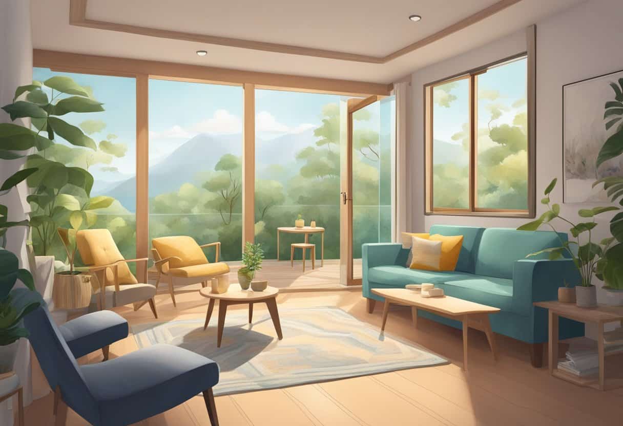 The scene shows a peaceful setting with elements of self-discipline and ethical observances integrated into daily life. The atmosphere exudes harmony and balance