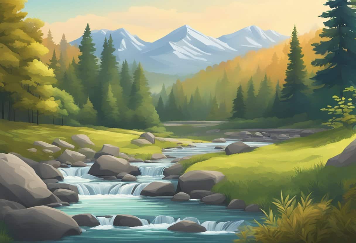 A serene mountain backdrop with a clear sky, a tranquil stream flowing, and a peaceful forest setting