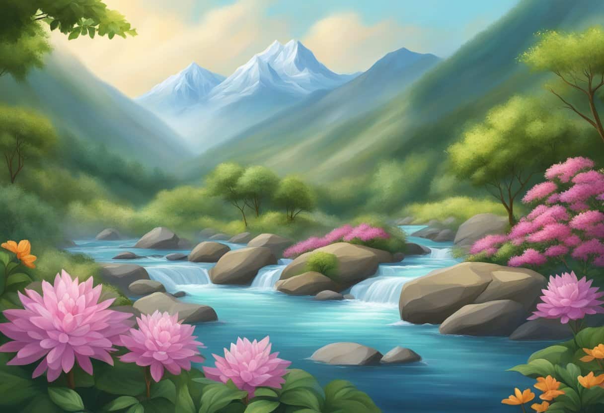 A serene mountain landscape with a flowing river, surrounded by lush greenery and blooming flowers, depicting the peaceful and harmonious practice of Yamas and Niyamas in yoga