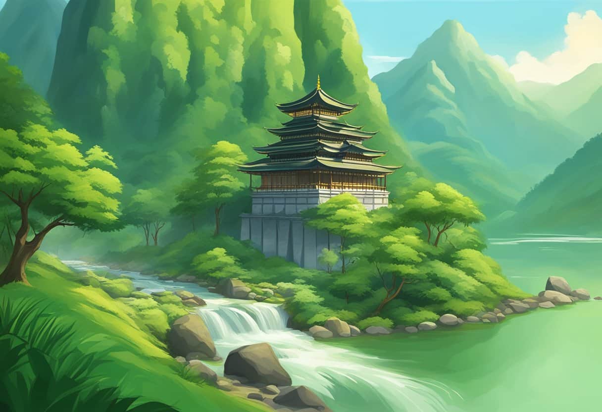 Lush green mountains and flowing rivers, with a serene temple nestled in the valley