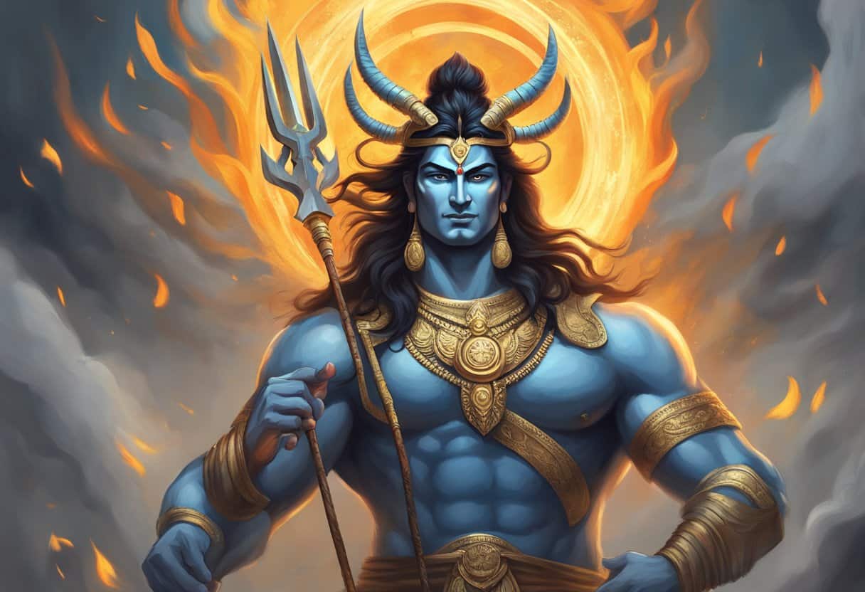 Shiva, the Transformer and Destroyer, depicted in a powerful and dynamic pose, surrounded by flames and holding the trident