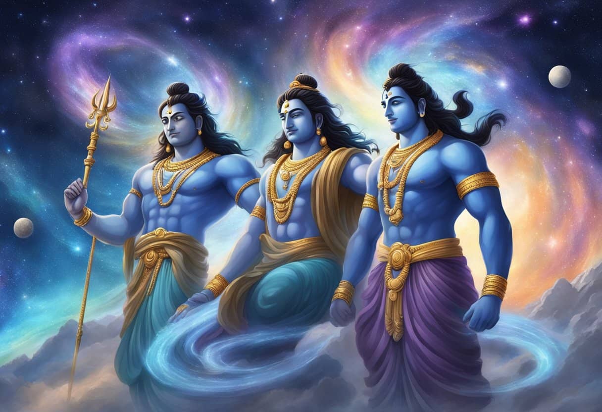 Vishnu and Shiva stand back to back, surrounded by swirling galaxies and stars, as they protect the universe from destruction