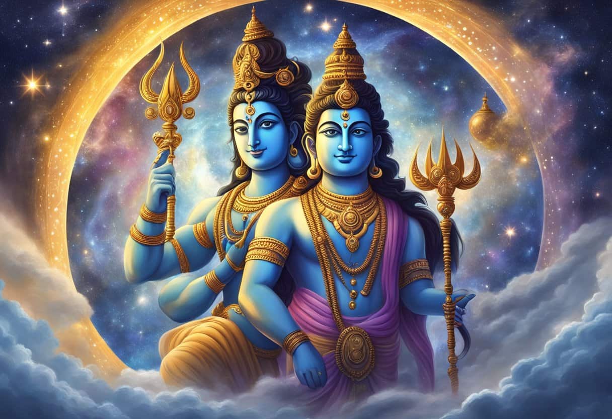Vishnu and Shiva stand in a celestial realm, surrounded by swirling galaxies and cosmic energy. Their divine presence emanates power and tranquility