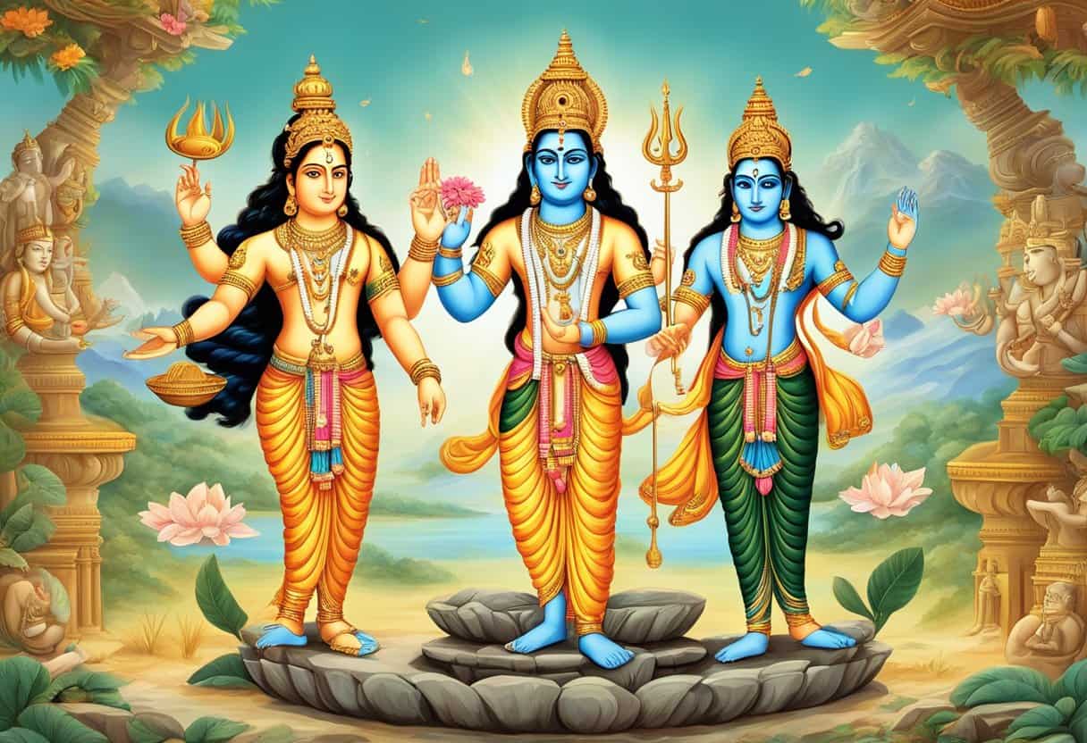 Vishnu and Shiva interact in a balanced dance, with Vishnu holding a conch and discus, and Shiva holding a trident and drum. The scene is surrounded by symbols of creation and destruction
