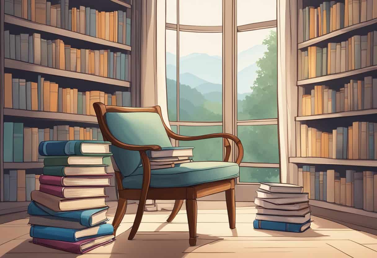 A serene setting with a stack of books, a comfortable chair, and a peaceful atmosphere for contemplation