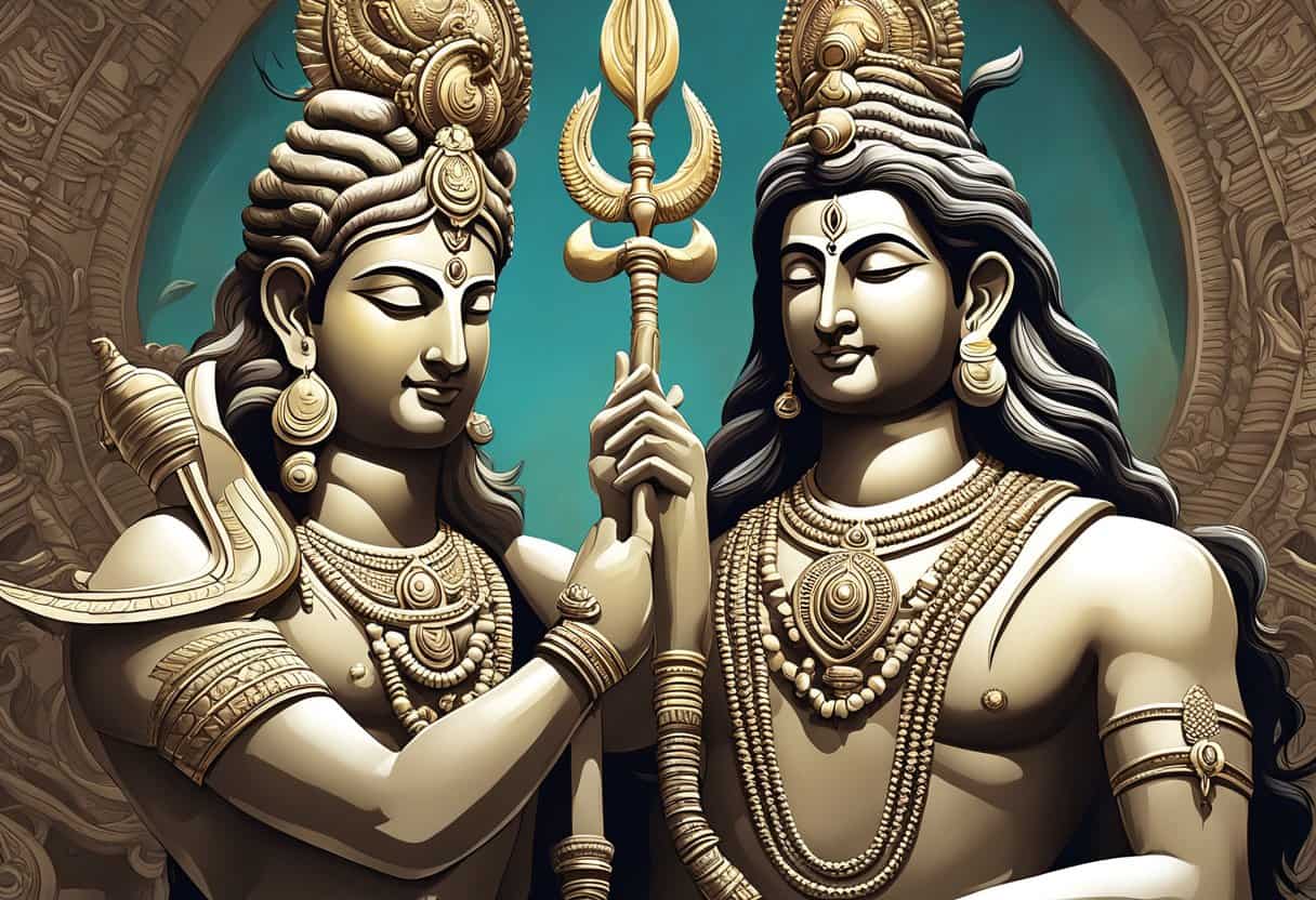 Vishnu and Shiva facing each other, with Vishnu holding his iconic conch and discus, and Shiva holding his trident. A serene and powerful presence emanates from both deities