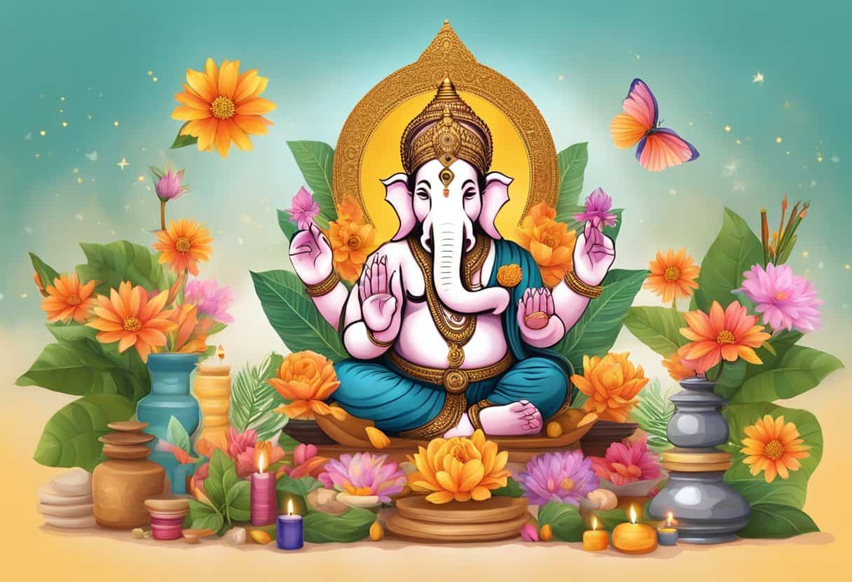 A colorful altar adorned with flowers and incense, featuring a statue of Ganesha surrounded by offerings and symbols of devotion